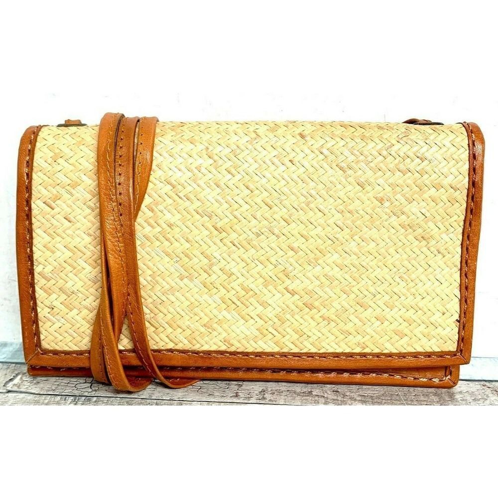 ISLAND BEIGE HANDWOVEN STRAW TAN GENUINE LEATHER SMALL FLAP X-BODY WALLET CLUTCH